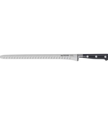 Couteau à jambon/saumon lame alvéolée Fisher en acier inoxydable X50CrMoV15. Son manche est en POM, assemblé avec trois rivets