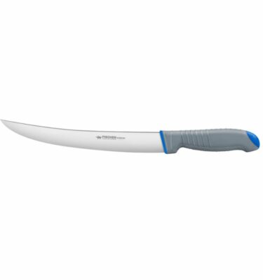 Couteau à parer Fisher avec une lame courbée alvéolée de 25 cm en acier suédois inoxydable 12C27. Avec un manche gris et bleu en polypropylène
