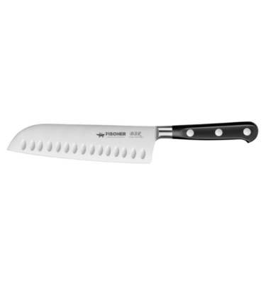 couteau Santoku BBR 15 cm Fisher forgé avec un lame en acier inoxydable X50CrMoV15 et un manche en POM, assemblé avec trois rivets