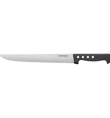 Couteau de boucher 30cm forgé avec un manche en POM noir 3 rivets. Sa lame est en acier inoxydable X50CrMoV15.