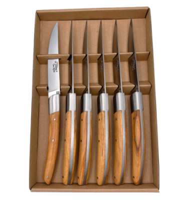 Coffret de 6 couteaux Le Thiers avec mitre inox, manches en bois d'olivier.