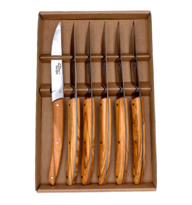 Coffret de 6 couteaux Le Thiers, manches en bois d'olivier.