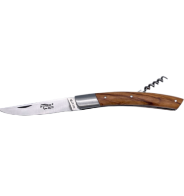 Couteau pliant le thiers avec manche en bois d'olivier et tire bouchon, 12 cm