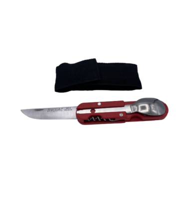 Set de couvert BIVOUAC de couleur rouge avec etui. Couteau, fourchette, cuillère et tire-bouchon. Fabrication française chez TB.