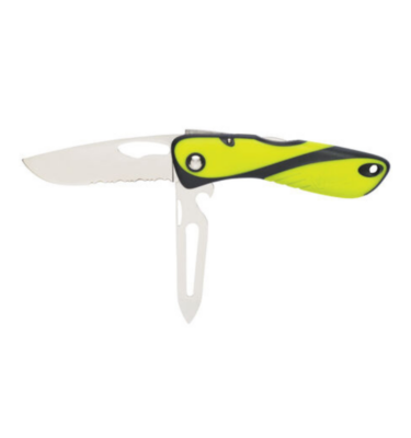 Couteau Offshore Wichard – Lame crantée + démanilleur / épissoir Fluo